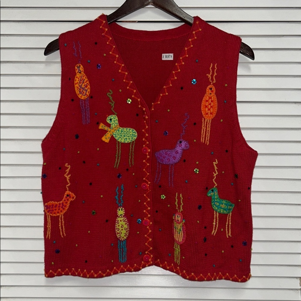 Colorful Embroidered Whimsical Red Sweater Vest